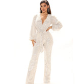 Herbst High-End Sequ Tiefem V-Ausschnitt Langarm Jumpsuit Jumpsuit Hose